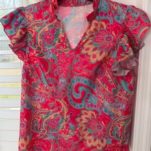 SHEIN Red and Blue Floral Paisley Blouse
